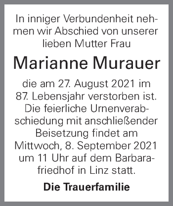 Traueranzeige von Marianne Murauer von OÖNachrichten