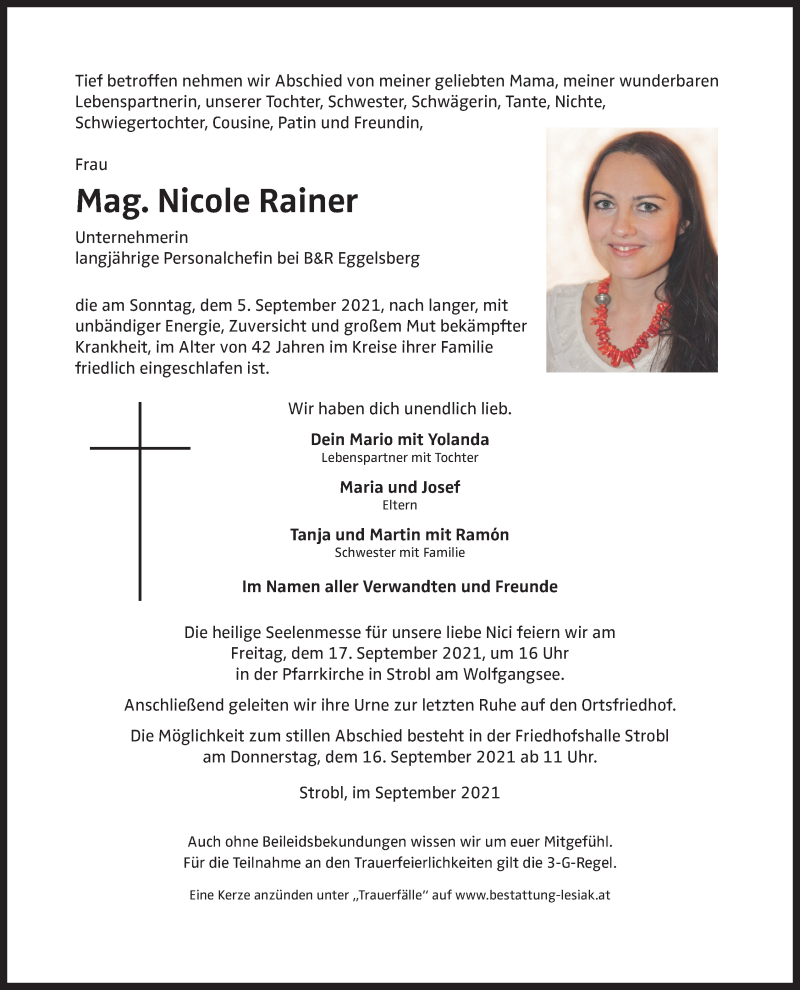  Traueranzeige für Nicole Rainer vom 11.09.2021 aus OÖNachrichten