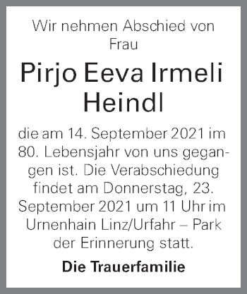 Traueranzeige von Pirjo Eeva Irmeli Heindl von OÖNachrichten