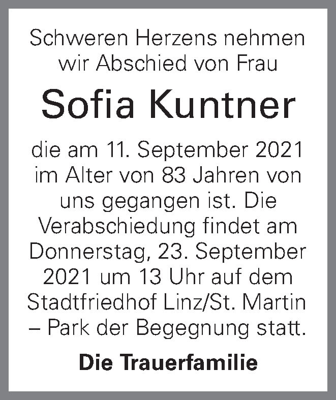  Traueranzeige für Sofia Kuntner vom 17.09.2021 aus OÖNachrichten