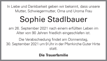 Traueranzeige von Sophie Stadlbauer von OÖNachrichten