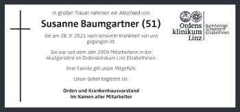 Traueranzeige von Susanne Baumgartner von OÖNachrichten