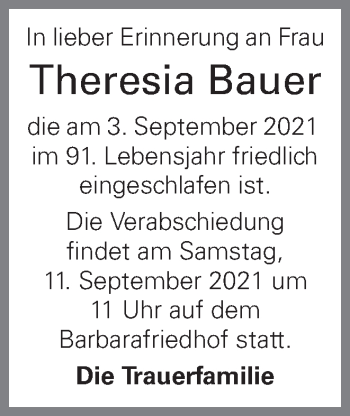 Traueranzeige von Theresia Bauer von OÖNachrichten