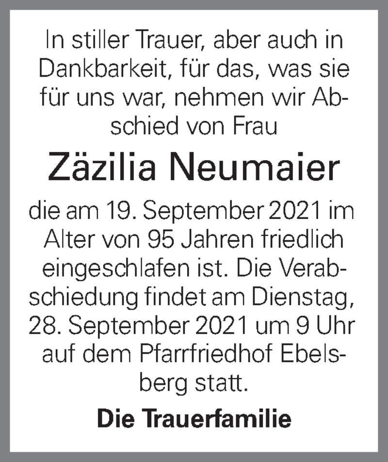 Traueranzeige für Zäzilia Neumaier vom 23.09.2021 aus OÖNachrichten