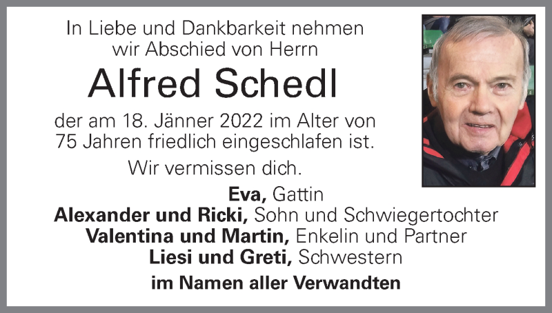  Traueranzeige für Alfred Schedl vom 21.01.2022 aus OÖNachrichten
