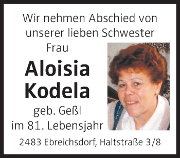 Traueranzeige von Aloisia Kodela von OÖNachrichten