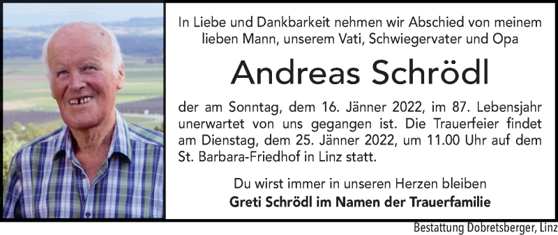 Traueranzeige für Andreas Schrödl  vom 22.01.2022 aus OÖNachrichten