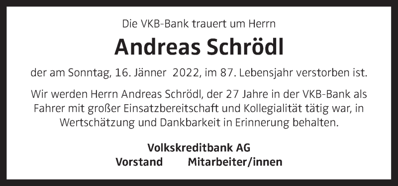  Traueranzeige für Andreas Schrödl  vom 29.01.2022 aus OÖNachrichten