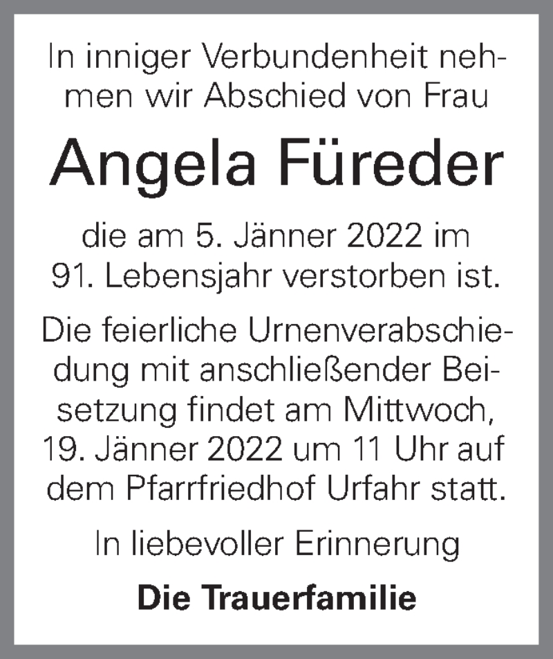  Traueranzeige für Angela Füreder vom 13.01.2022 aus OÖNachrichten