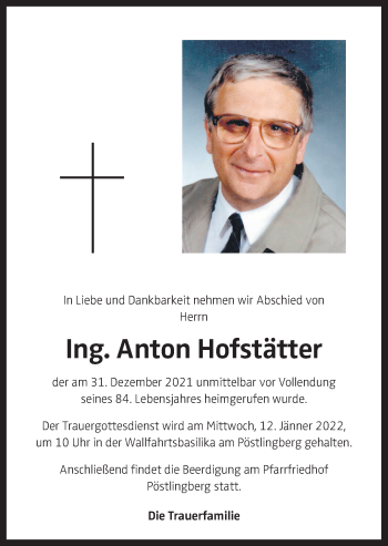 Traueranzeige von Anton Hofstätter von OÖNachrichten