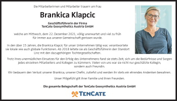 Traueranzeige von Brankica Klapcic von OÖNachrichten