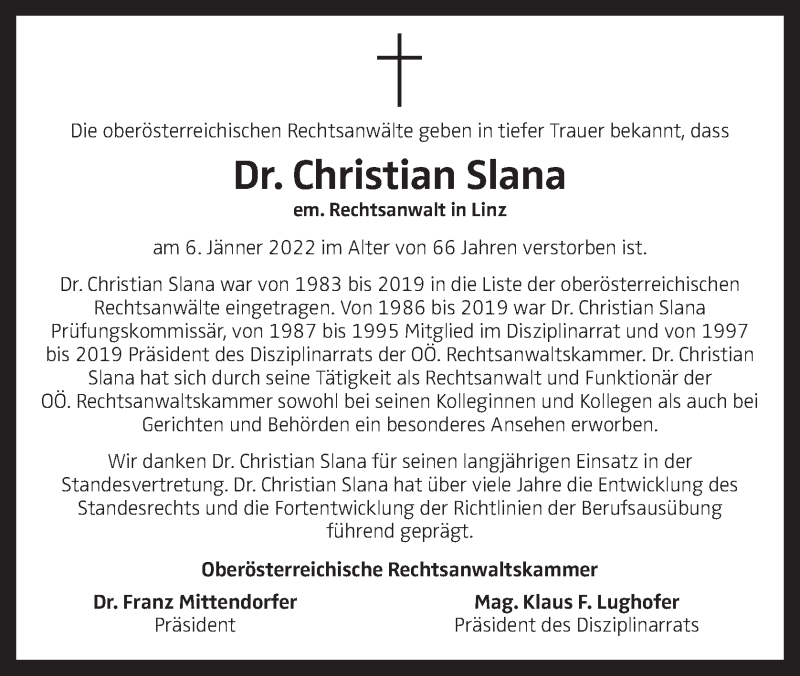  Traueranzeige für Christian Slana vom 15.01.2022 aus OÖNachrichten