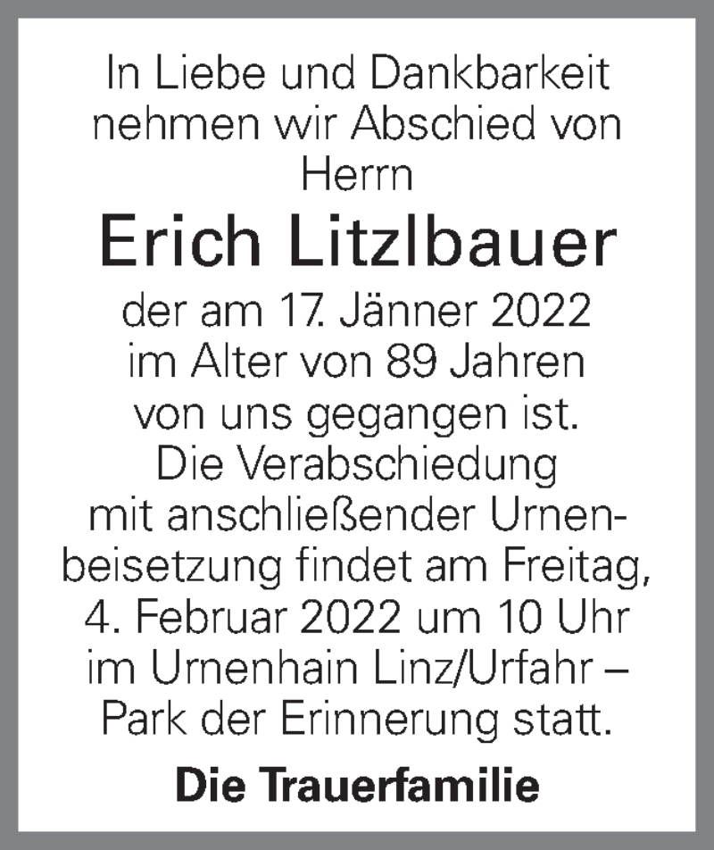  Traueranzeige für Erich Litzlbauer vom 22.01.2022 aus OÖNachrichten