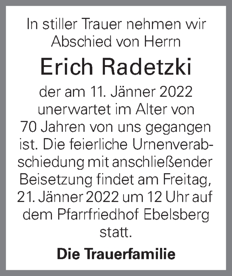  Traueranzeige für Erich Radetzki vom 17.01.2022 aus OÖNachrichten