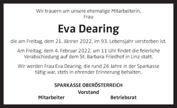 Traueranzeige von Eva Dearing von OÖNachrichten