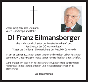 Traueranzeige von Franz Eilmansberger von OÖNachrichten