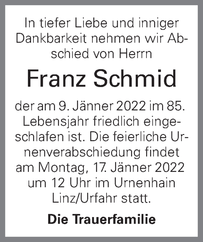  Traueranzeige für Franz Schmid vom 13.01.2022 aus OÖNachrichten