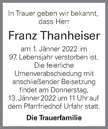 Traueranzeige von Franz Thanheiser von OÖNachrichten