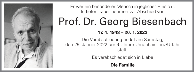  Traueranzeige für Georg Biesenbach vom 25.01.2022 aus OÖNachrichten