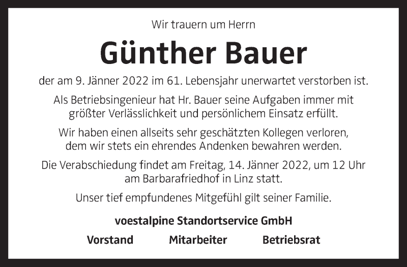  Traueranzeige für Günther Bauer vom 13.01.2022 aus OÖNachrichten