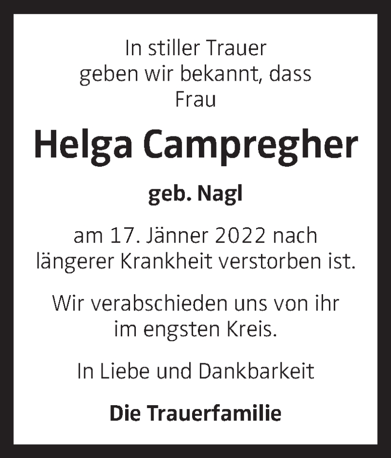  Traueranzeige für Helga Campregher vom 22.01.2022 aus OÖNachrichten