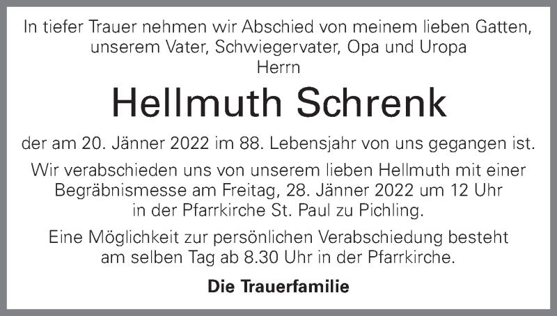  Traueranzeige für Hellmuth Schrenk vom 24.01.2022 aus OÖNachrichten