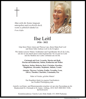 Traueranzeige von Ilse Leitl von OÖNachrichten