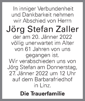 Traueranzeige von Jörg Stefan Zaller von OÖNachrichten