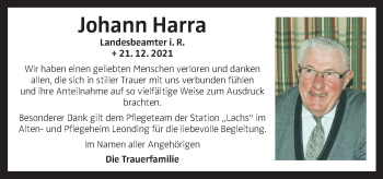 Traueranzeige von Johann Harra von OÖNachrichten