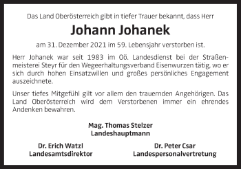 Traueranzeige von Johann Johanek von OÖNachrichten