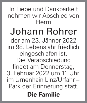 Traueranzeige von Johann Rohrer von OÖNachrichten