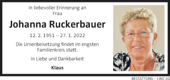 Traueranzeige von Johanna Ruckerbauer von OÖNachrichten