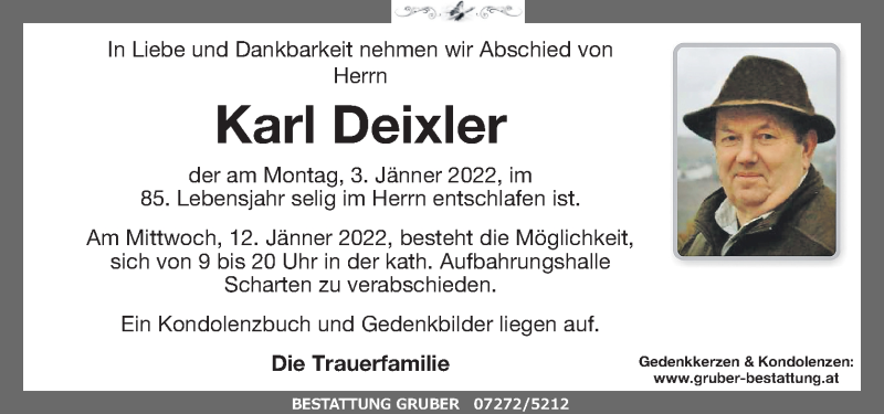  Traueranzeige für Karl Deixler vom 08.01.2022 aus OÖNachrichten