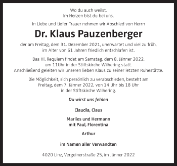Traueranzeige von Klaus Pauzenberger von OÖNachrichten