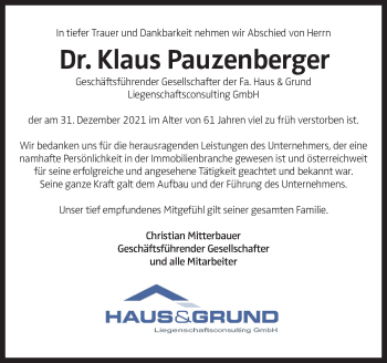 Traueranzeige von Klaus Pauzenberger von OÖNachrichten