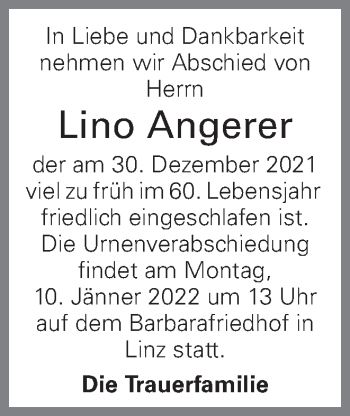 Traueranzeige von Lino Angerer von OÖNachrichten
