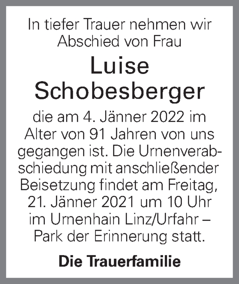  Traueranzeige für Luise Schobesberger vom 12.01.2022 aus OÖNachrichten