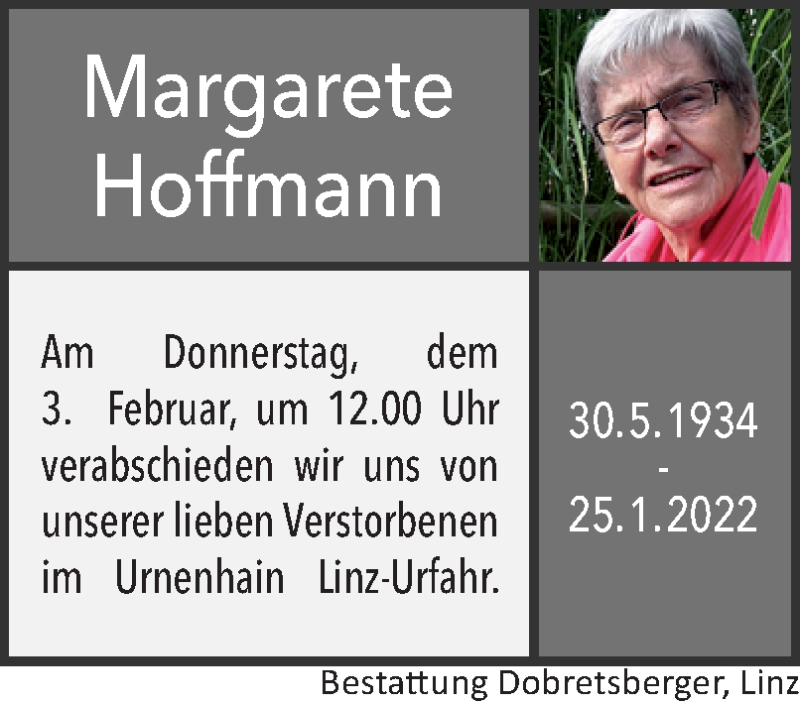  Traueranzeige für Margarete Hoffmann vom 29.01.2022 aus OÖNachrichten