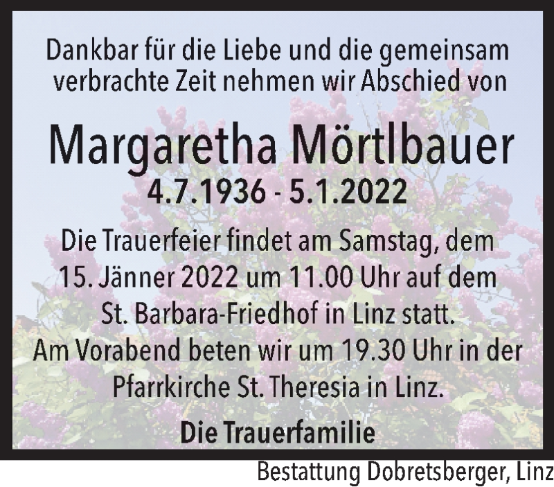  Traueranzeige für Margaretha Mörtlbauer vom 11.01.2022 aus OÖNachrichten