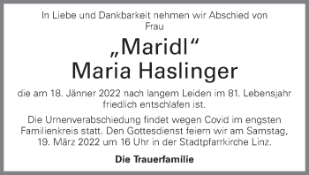 Traueranzeige von Maria Haslinger von OÖNachrichten