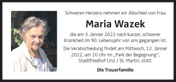 Traueranzeige von Maria Wazek von OÖNachrichten