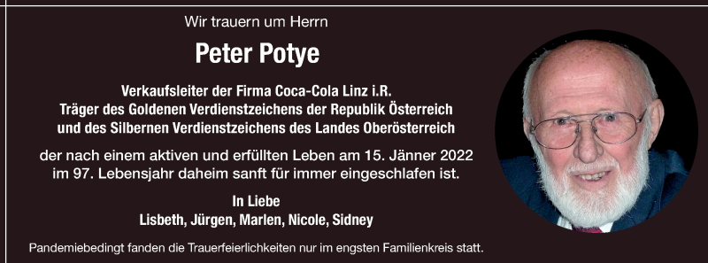  Traueranzeige für Peter Potye vom 25.01.2022 aus OÖNachrichten