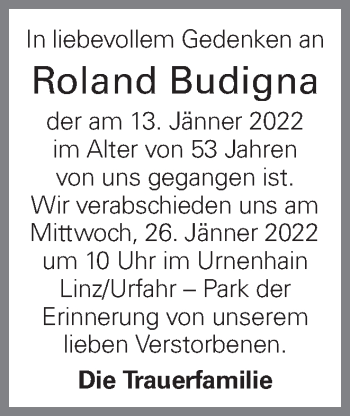 Traueranzeige von Roland Budigna von OÖNachrichten