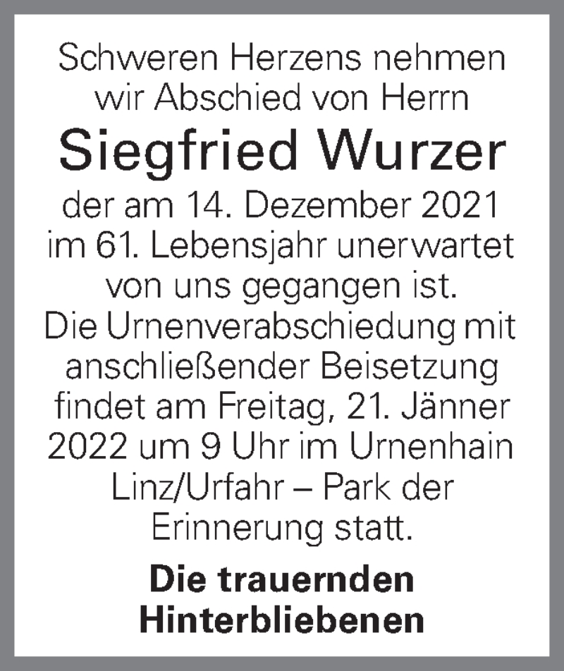  Traueranzeige für Siegfried Wurzer vom 19.01.2022 aus OÖNachrichten
