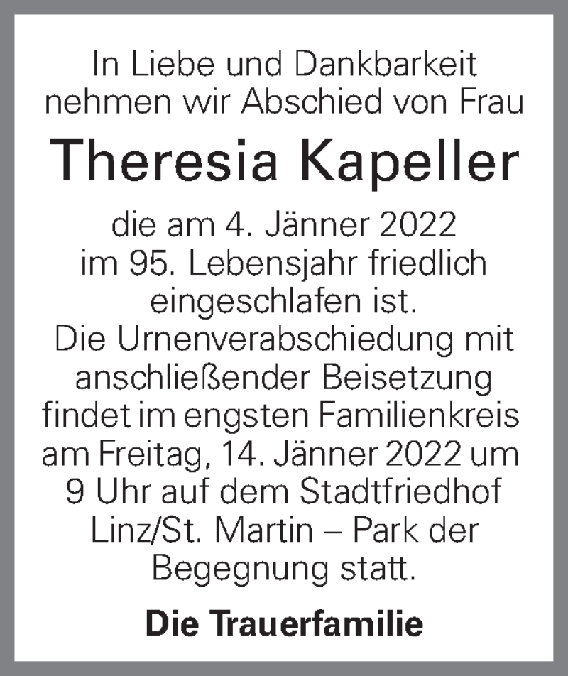  Traueranzeige für Theresia Kapeller vom 11.01.2022 aus OÖNachrichten