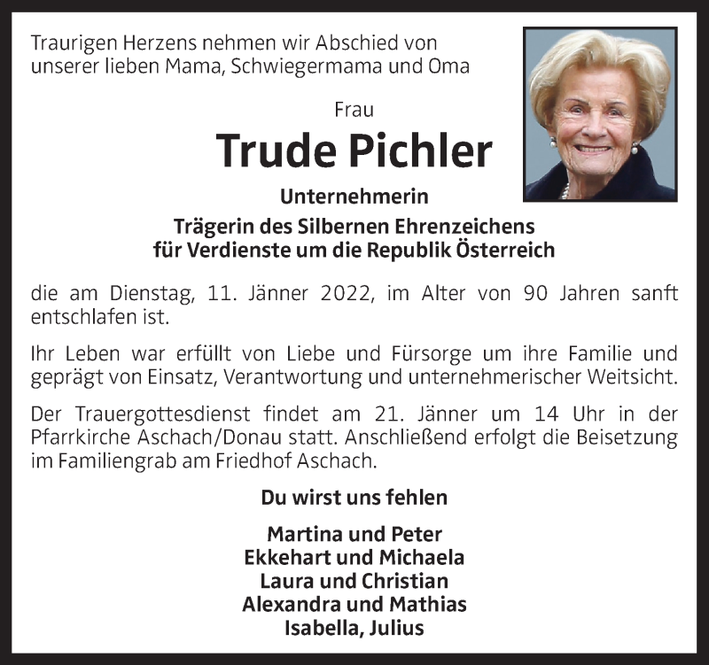  Traueranzeige für Trude Pichler vom 15.01.2022 aus OÖNachrichten
