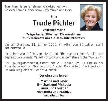 Traueranzeige von Trude Pichler von OÖNachrichten