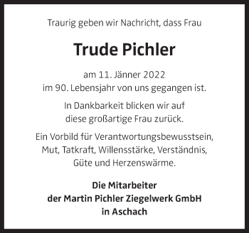 Traueranzeige von Trude Pichler von OÖNachrichten