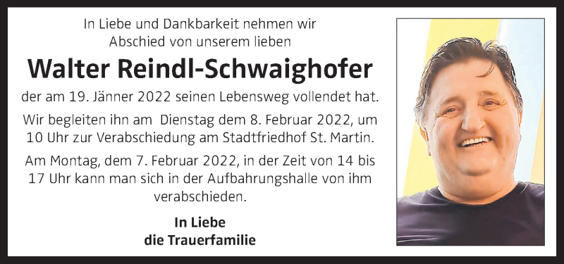  Traueranzeige für Walter Reindl-Schwaighofer vom 29.01.2022 aus OÖNachrichten
