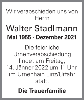 Traueranzeige von Walter Stadlmann von OÖNachrichten